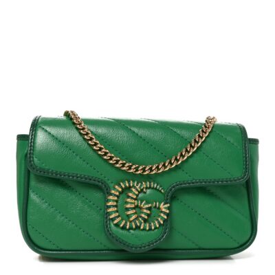 Azalea Calfskin Enamel Matelasse Diagonal Super Mini Torchon GG Marmont Shoulder Bag New Shamarock Emerald