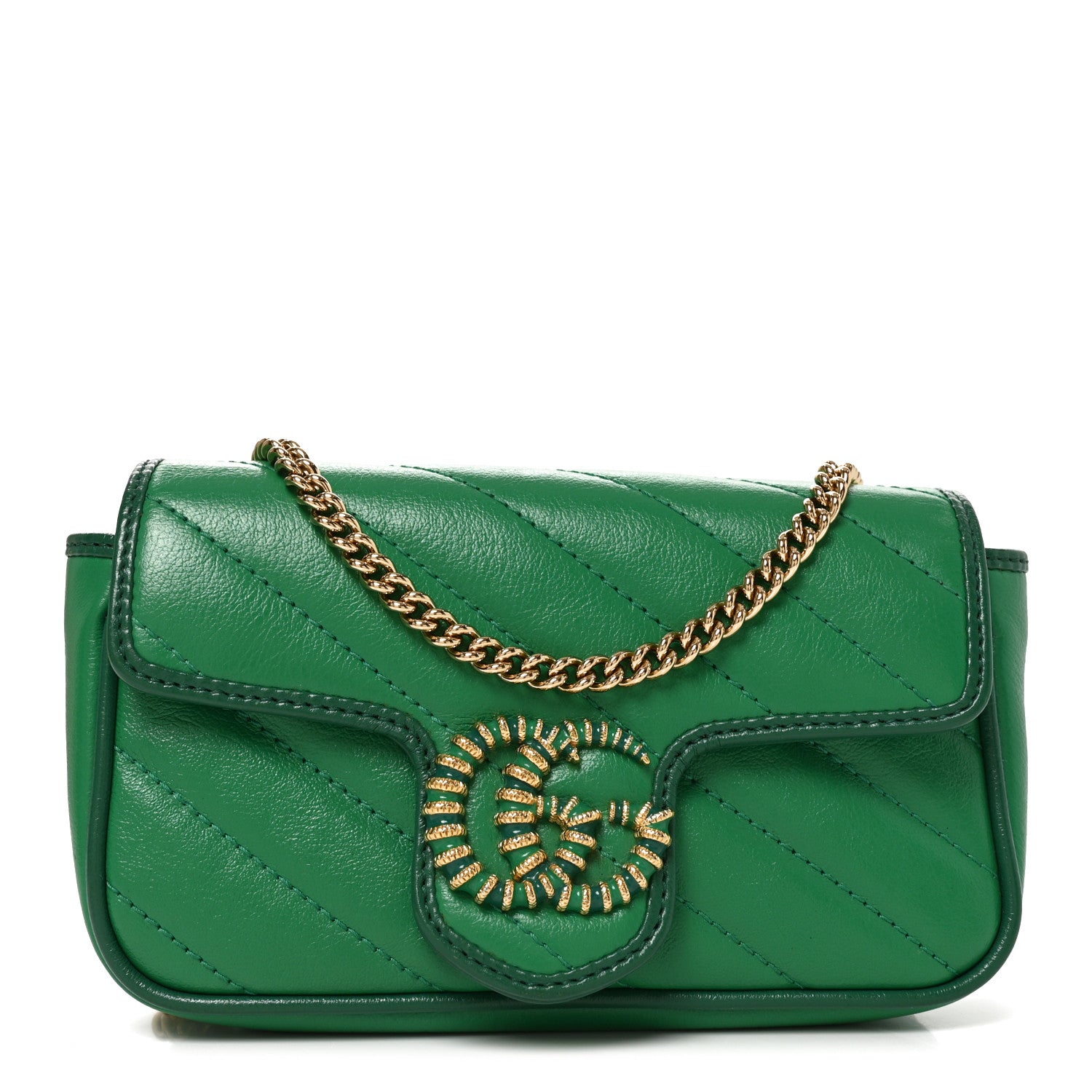 Azalea Calfskin Enamel Matelasse Diagonal Super Mini Torchon GG Marmont Shoulder Bag New Shamarock Emerald